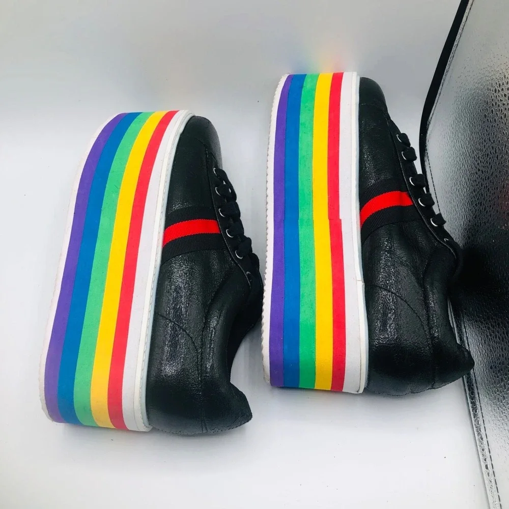 CAPE ROBBIN SUPER PLATFORM BLACK‎ FAUX LEATHER LACE UP RAINBOW PLATFORM SIZE  9